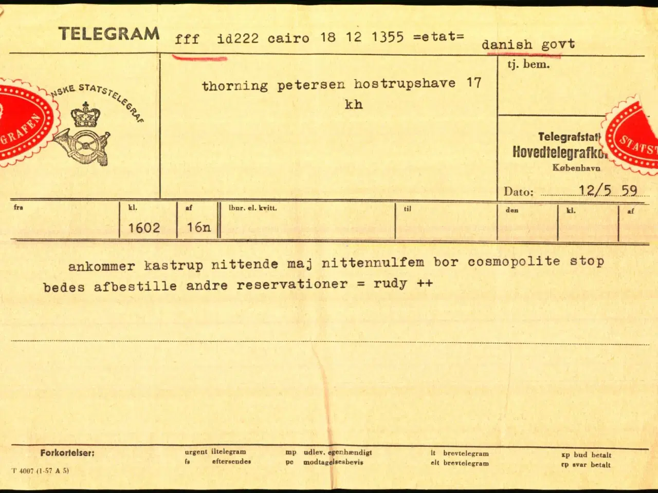 Billede 1 - Telegram - Den Dansk Statstelegraf 1959 - Fra Cairo til København