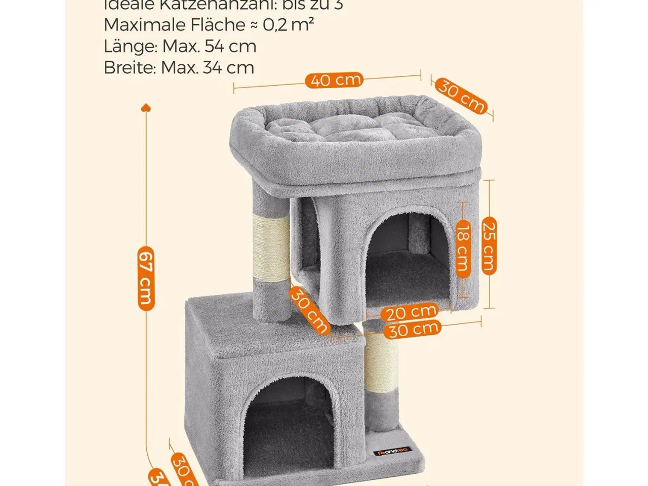 Billede 6 - Kattetræ – FEANDREA, 67 cm kradsetræ med 2 huler, stor liggeplads, til killinger op til 3 kg, lysegrå