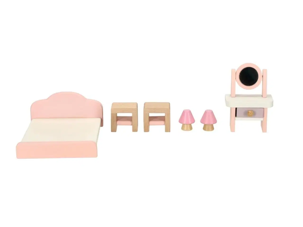 Billede 5 - Dukkehus møbler i træ – stue, soveværelse, badeværelse og køkken, lyserød – 22 dele