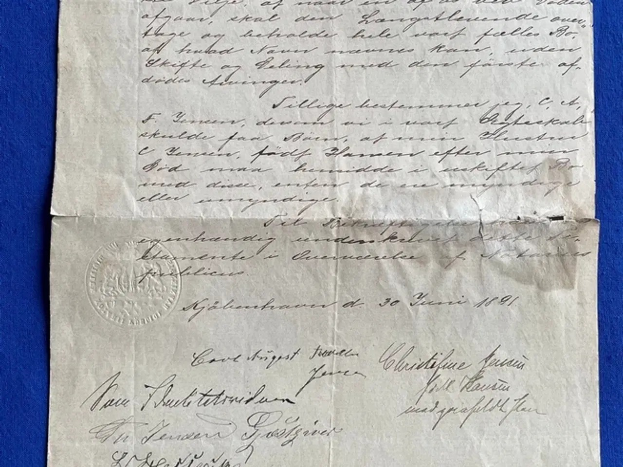 Billede 1 - Testamente - Kjøbenhavn 30 Juni 1891 - Christifine og Carl August Jensen