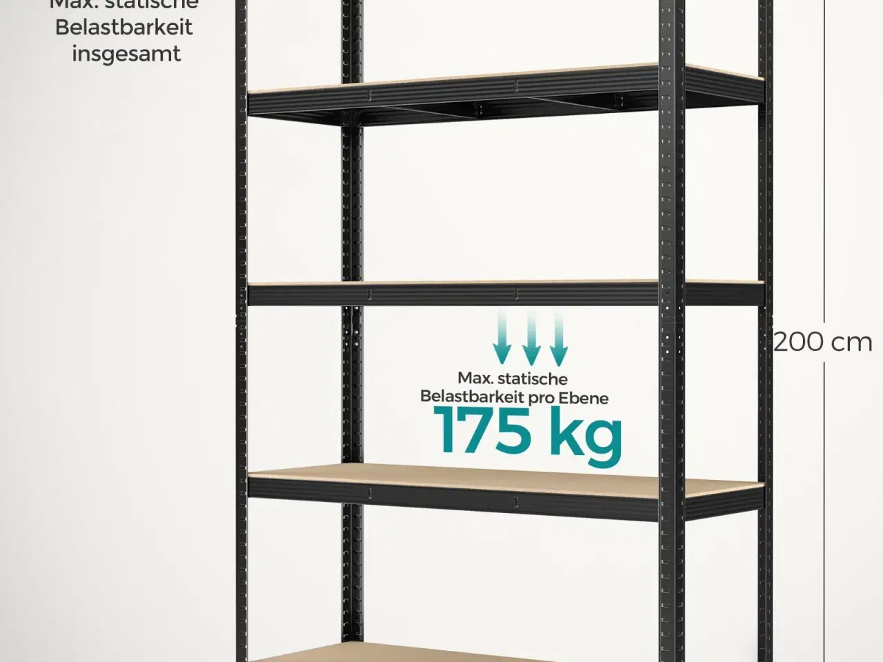 Billede 7 - Reol med 5 hylder stålhylle, 60 × 120 × 200 cm, sort