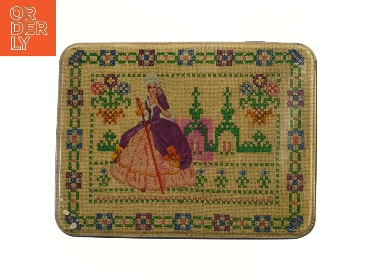 Billede 1 - Vintage dåse med broderet design (str. 24x18x10 cm)