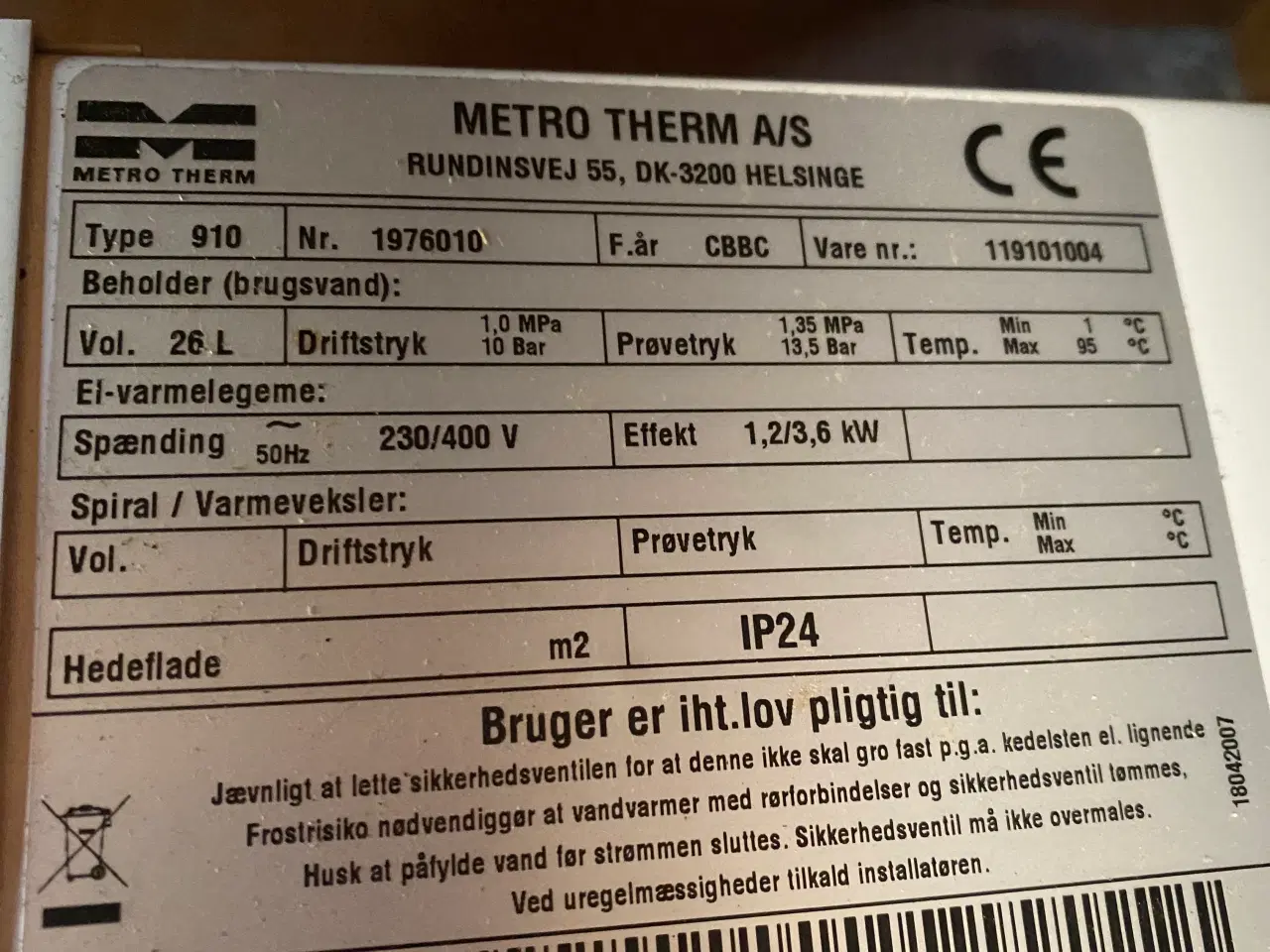 Billede 2 - Metro varmtvandsbeholder beholder 