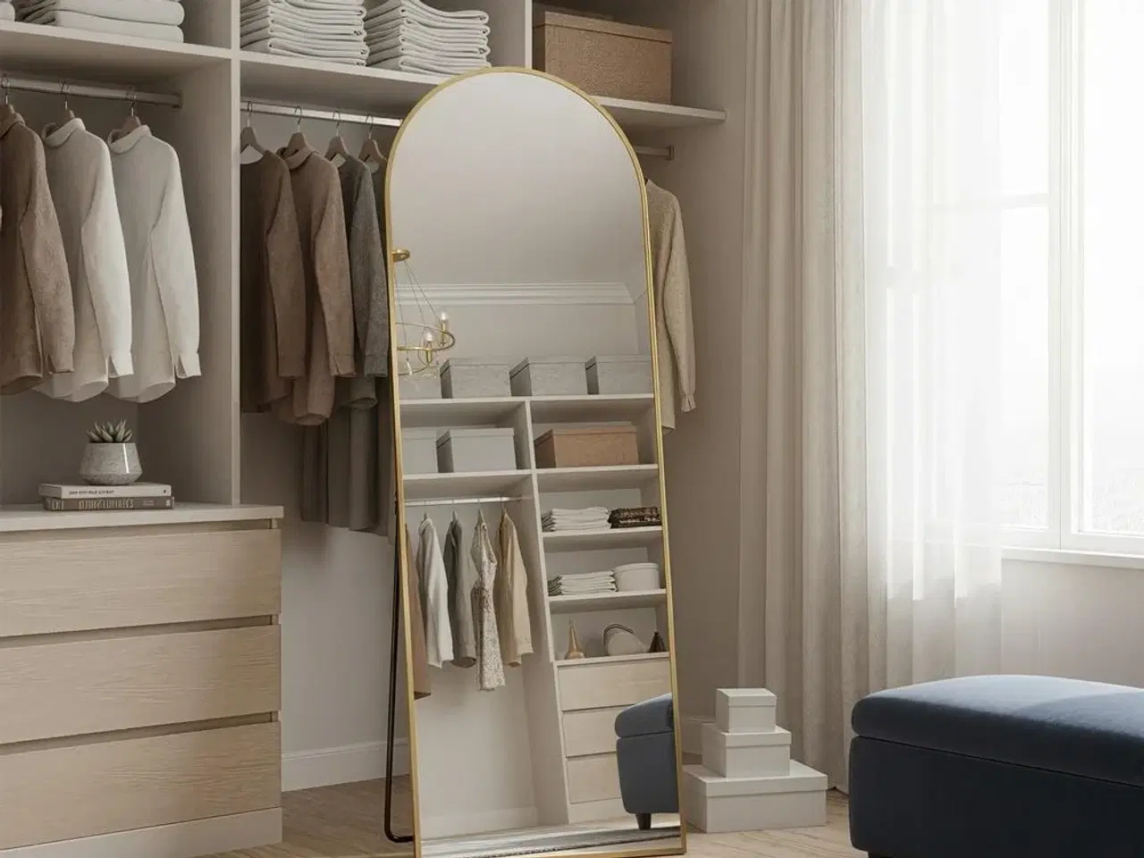 Billede 4 - Buet gulvspejl 160 × 50 cm med stander – hærdet glas, aluminium, lys guld