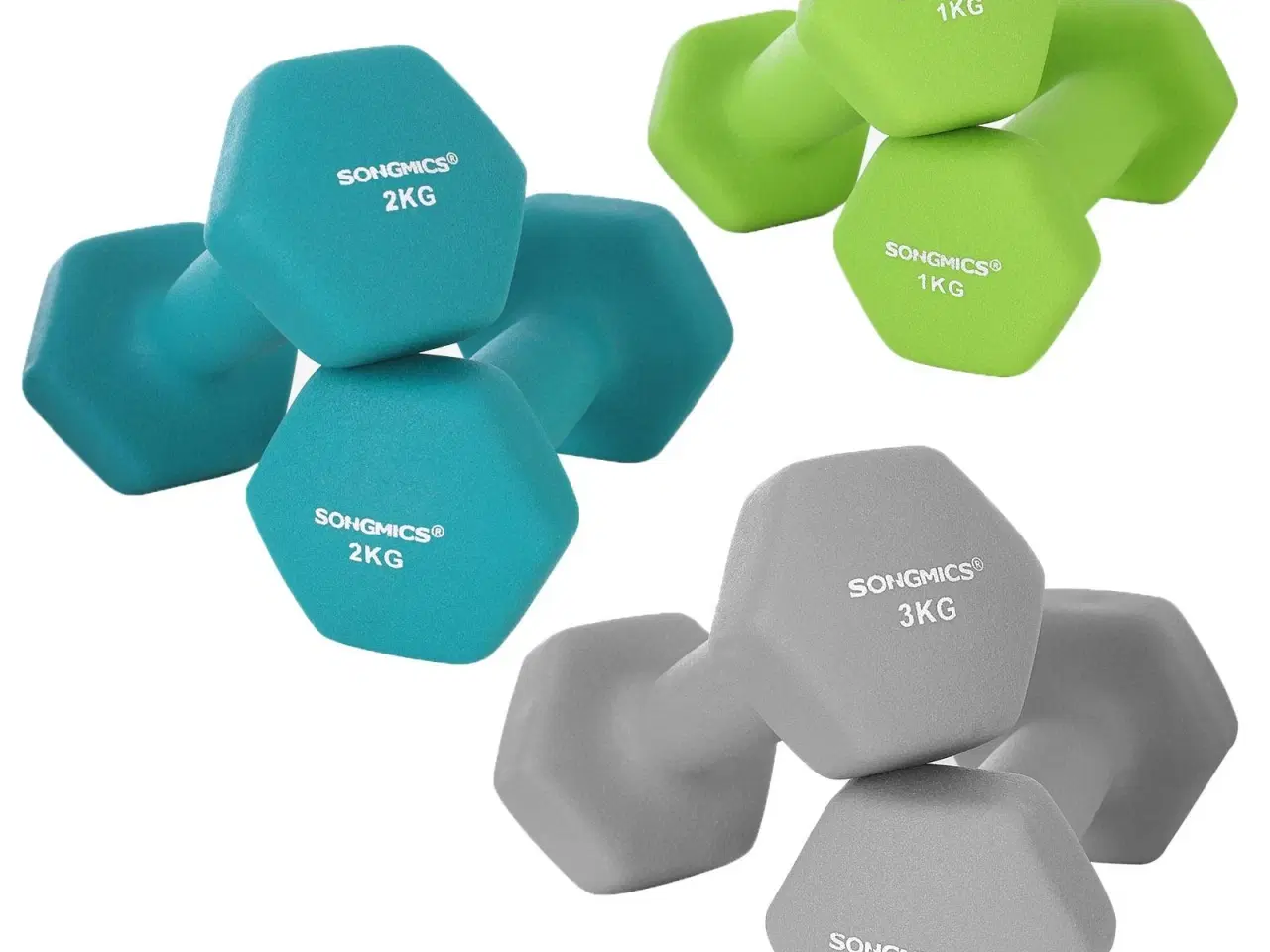 Billede 4 - Håndvægte sæt med stativ – SONGMICS Hex, 2 x 1 kg, 2 x 2 kg, 2 x 3 kg, neopren, lime/teal/lysegrå