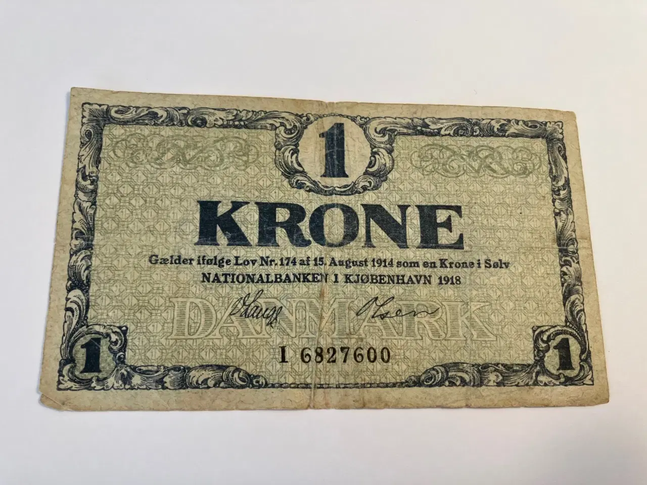 Billede 1 - 1 Krone Danmark 1918 - Blyant på bagside