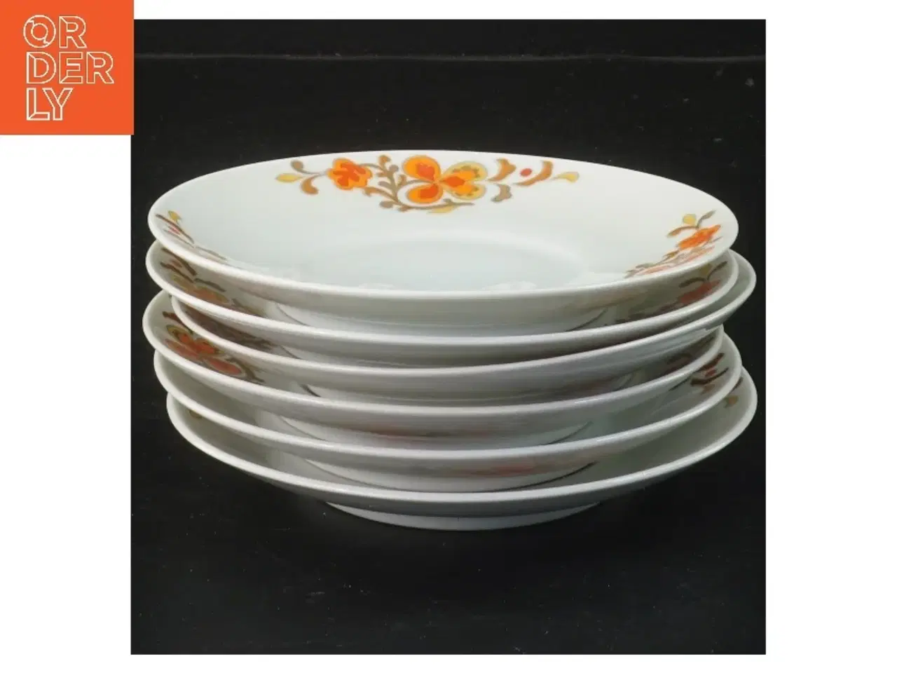 Billede 1 - 6 porcelænstallerkener med orange blomster fra Schmidt (str. 6 stk Ø 13,5 cm)