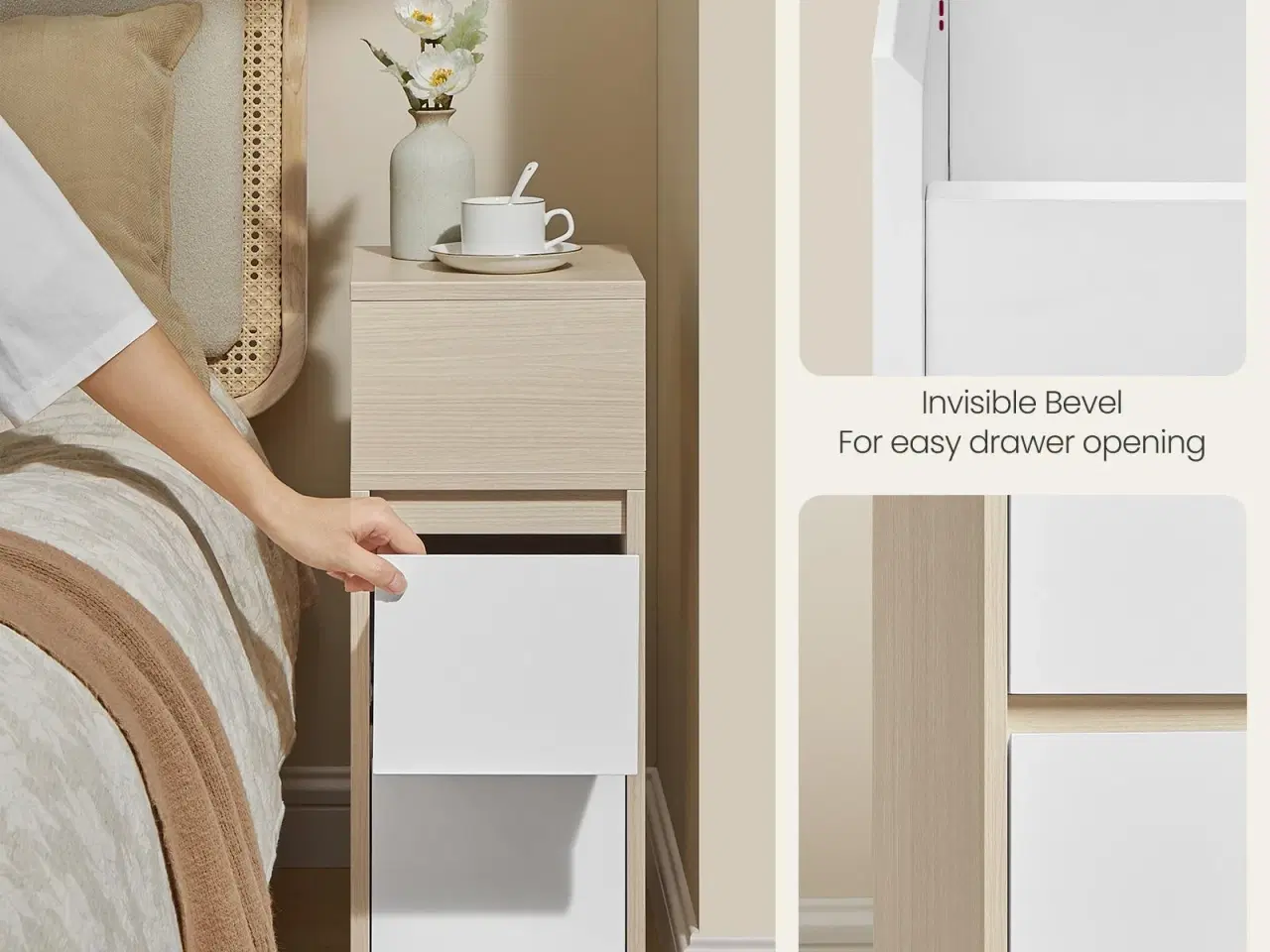 Billede 5 - Sæt med 2 slanke sengeborde med skuffer – KAILYN, naturbeige/cloud hvid