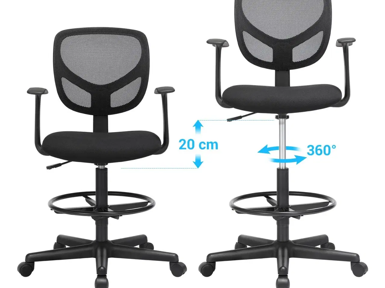 Billede 2 - Kontorstol med fodring ergonomisk høj arbejdsstol, 55–75 cm, sort