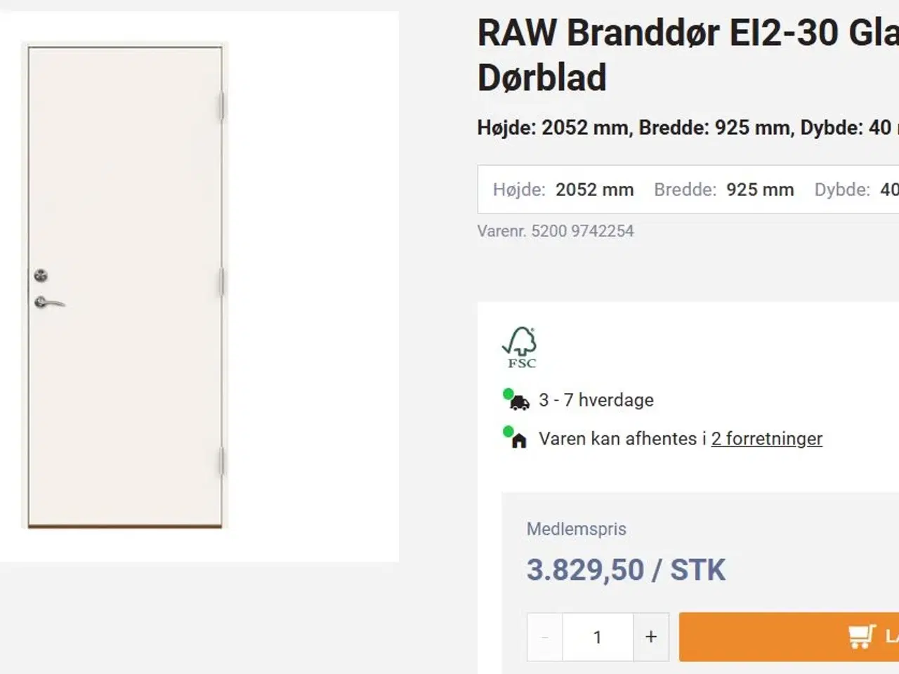 Billede 1 - RAW branddør inkl karm 99x209cm