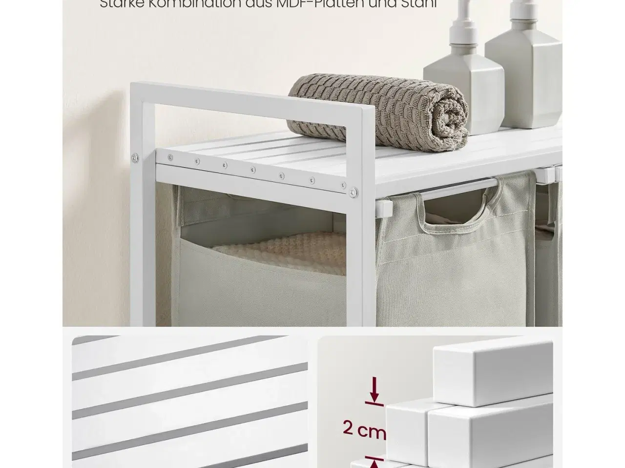 Billede 5 - Vasketøjskurv med 3 rum udtrækkelige poser, hylde, metalramme, 3 × 38 l, 92,5 × 33 × 72 cm, hvid