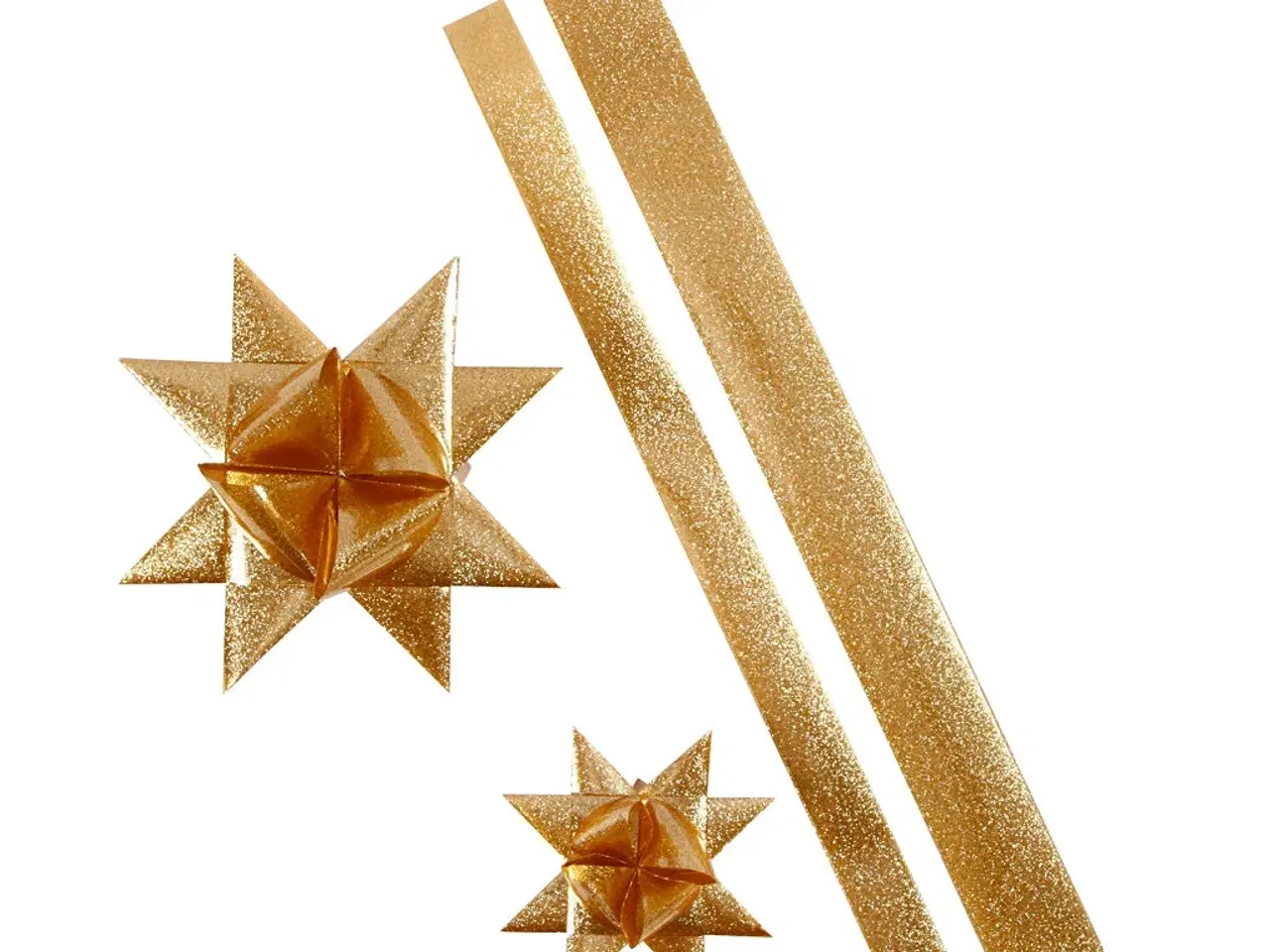 Billede 1 - Stjernestrimler, L: 86+100 cm, B: 25+40 mm, diam. 11,5+18,5 cm, guld glitter, 16strimler/ 1 pk.