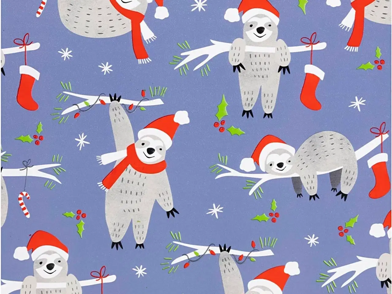 Billede 1 - Gavepapir med Dovendyr og Nissehue - 50 cm x 5 m