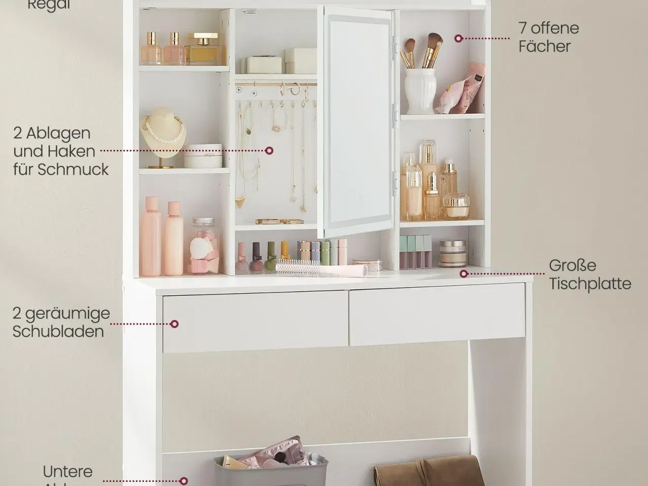 Billede 7 - Toiletbord med LED spejl – VASAGLE, hvid, 2 skuffer, justerbare hylder