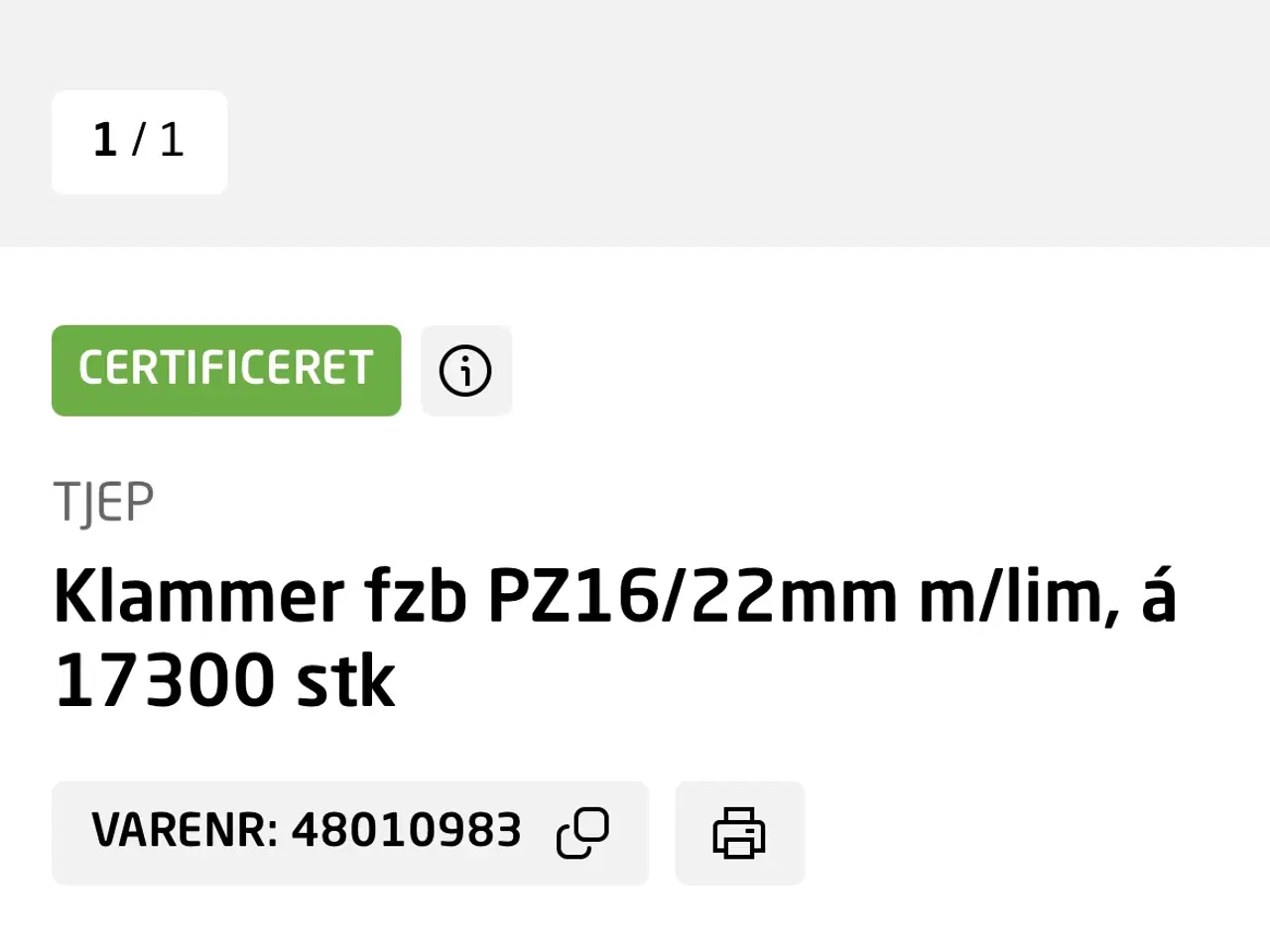 Billede 1 - Klammer fzb PZ16/22mm m/lim, á 17300 stk