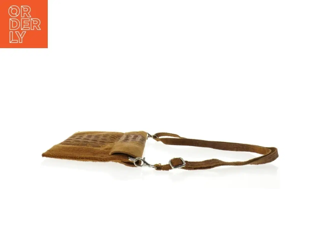 Billede 5 - Brun skuldertaske i ruskind med krokodillepræg (str. 30,5 x 16 cm)