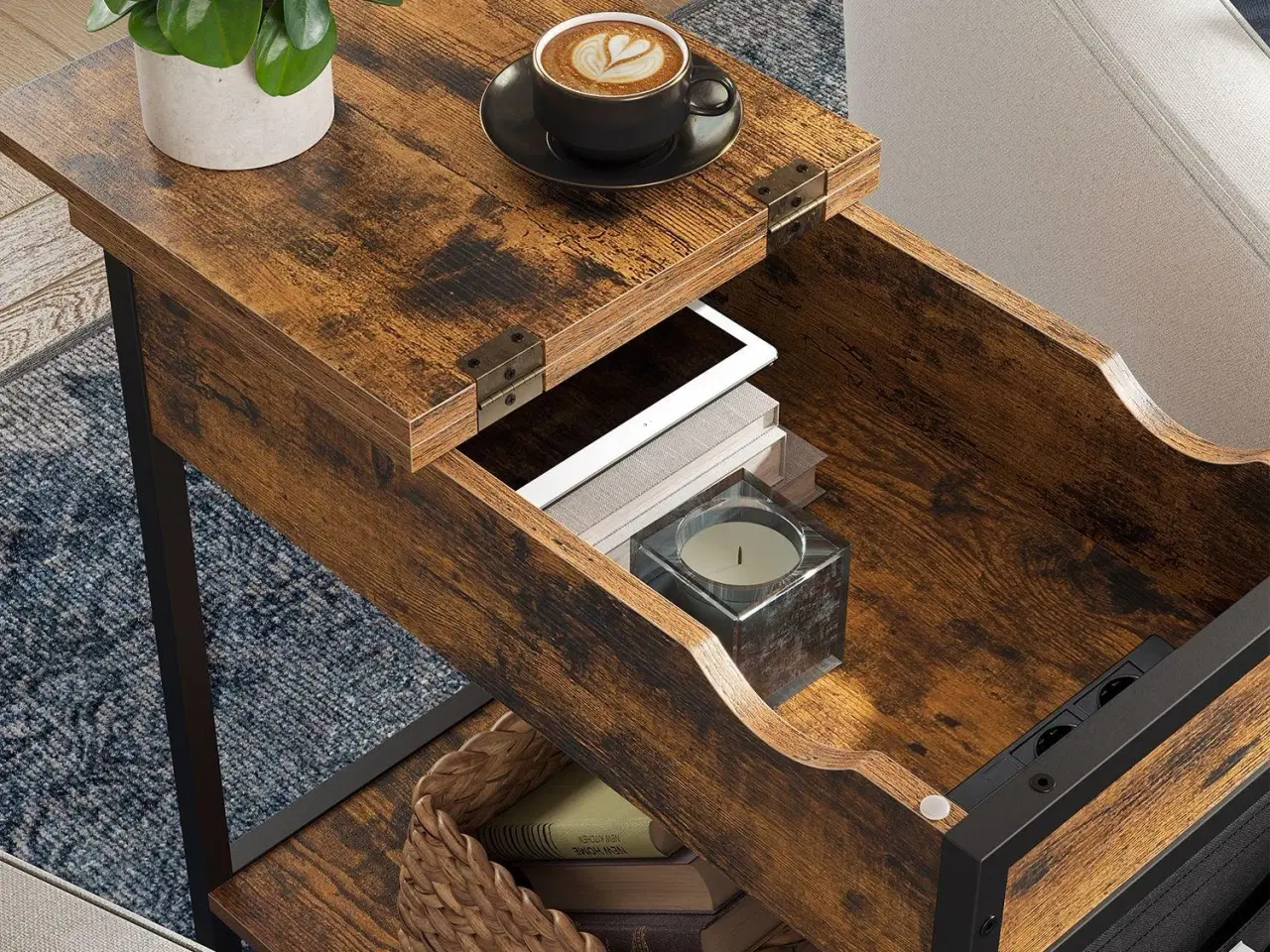 Billede 5 - Sofabord med stikkontakter sidebord, klapbord med hylde og stoflomme, vintage brun/sort