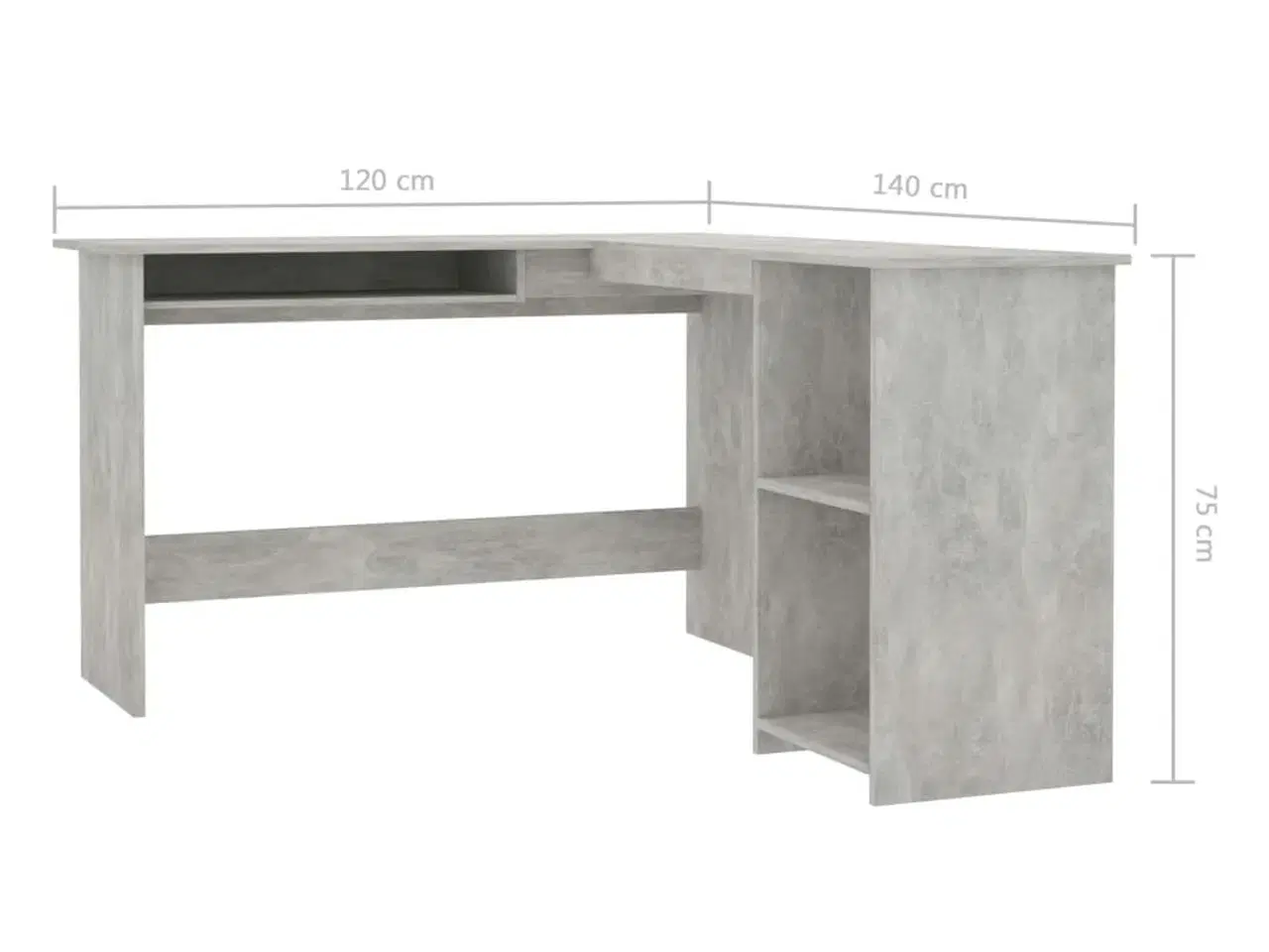 Billede 6 - L-formet skrivebord 120x140x75 cm konstrueret træ betongrå