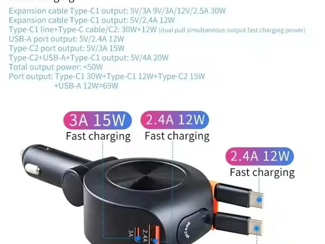 Billede 6 - Mobiltilbehør Biladapter 69W Udtrækkelig