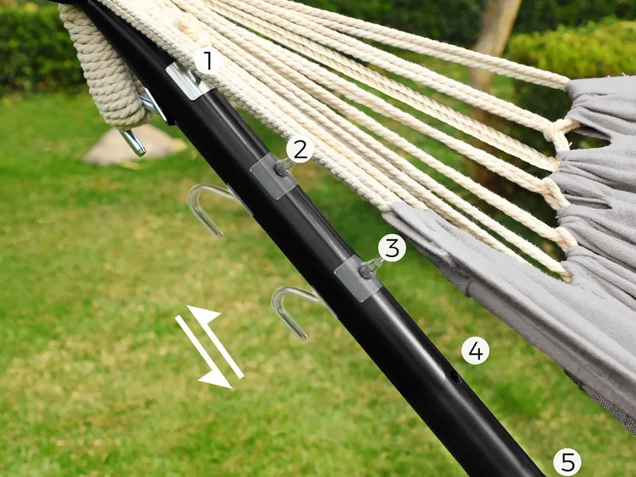 Billede 6 - Hængekøje med stativ 210 × 150 cm – 5 højder, metalstativ, kapacitet 240 kg, sort stativ/grå hængekøje