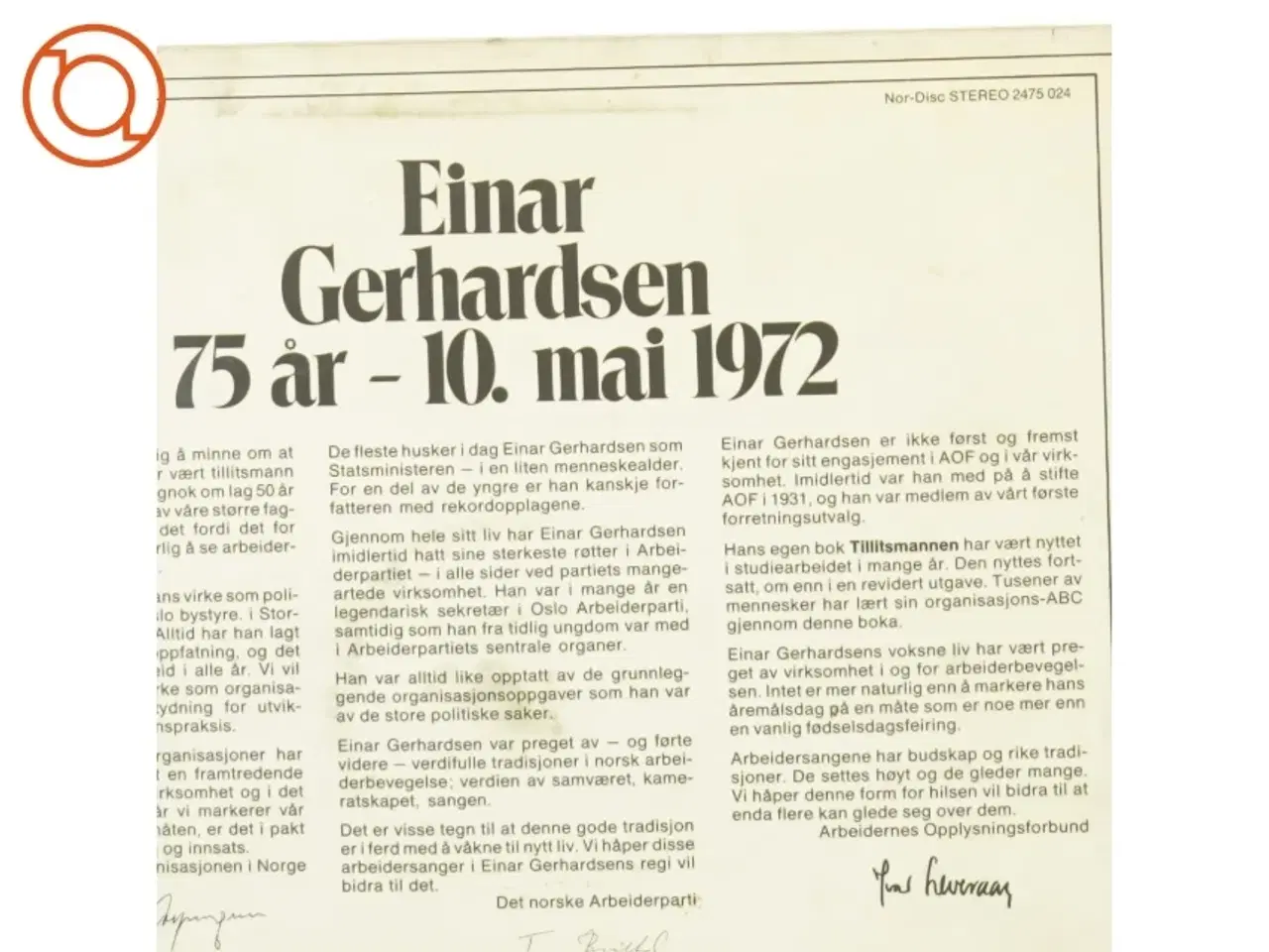 Billede 3 - Einar Gerhardsen Vinylplade fra Nor-Disc