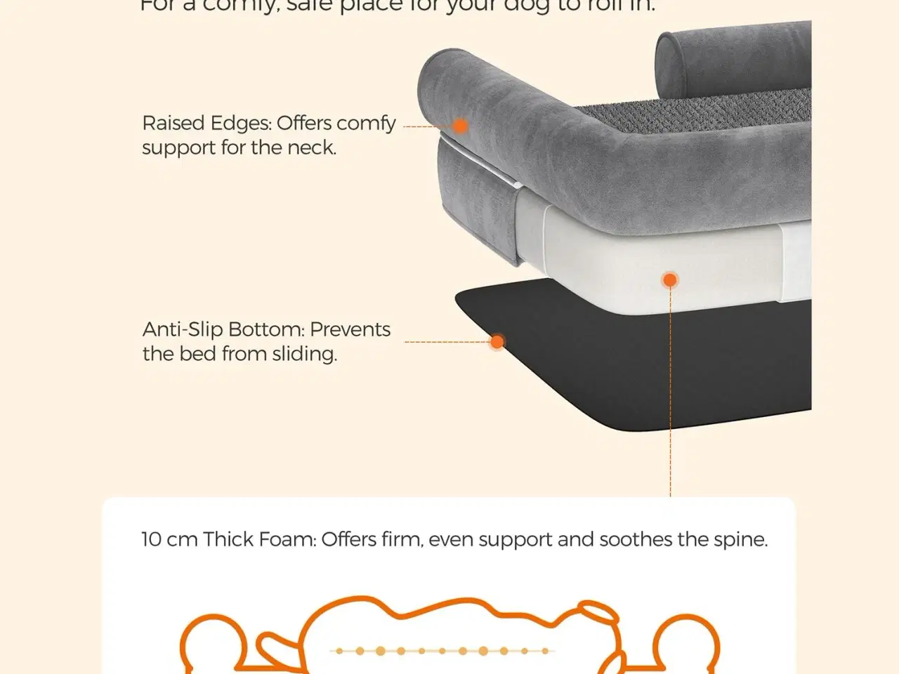 Billede 3 - Ortopædisk hundeseng med kanter – vaskbar, skridsikker, grå 91×71 cm