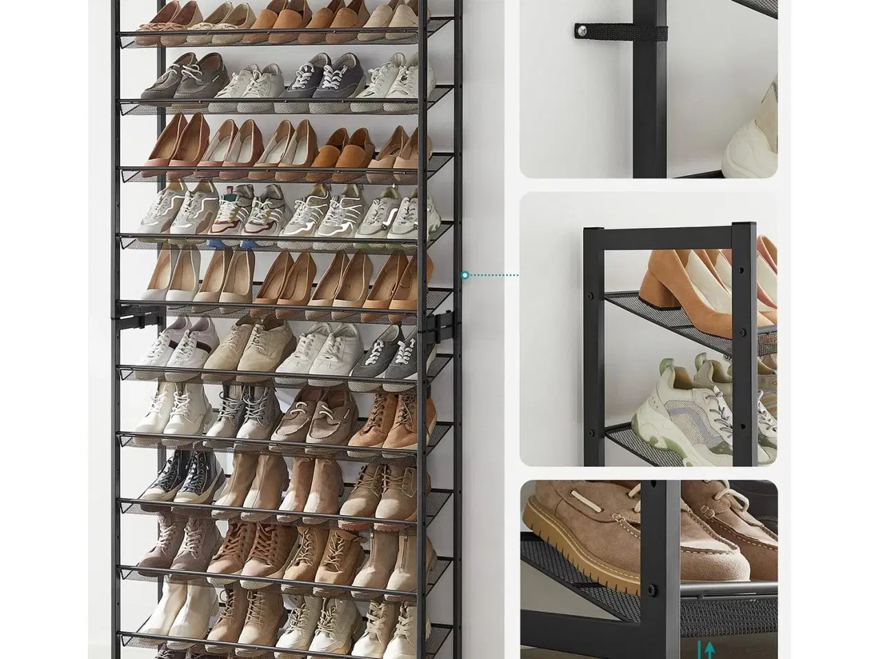Billede 5 - Skoreol 12 niveauer sæt af 2 stabelbare 6-niveaus skostativer, metalnet, stor kapacitet 48–60 par, justerbare hylder, sort