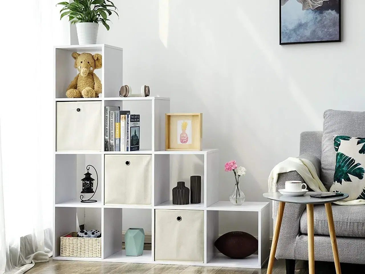 Billede 6 - Bogreol i kuber – VASAGLE trappereol, rumdeler, 10 åbne rum, hvid, 129,5 × 129,5 × 29 cm