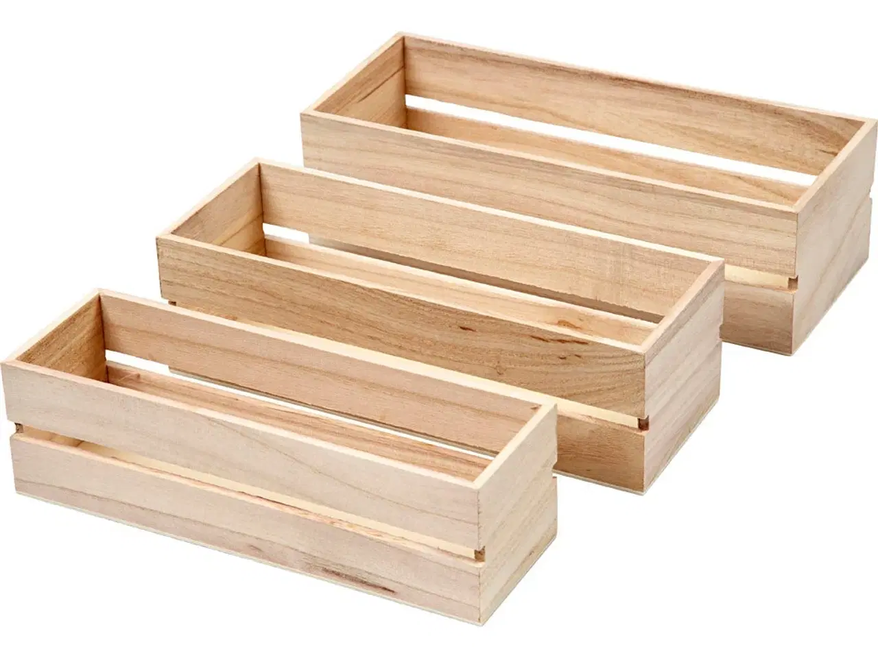 Billede 1 - Trækasser, H: 6,5+7+7,5 cm, L: 22+23,5+25 cm, B: 7+8,5+10 cm, 3 stk./ 1 sæt
