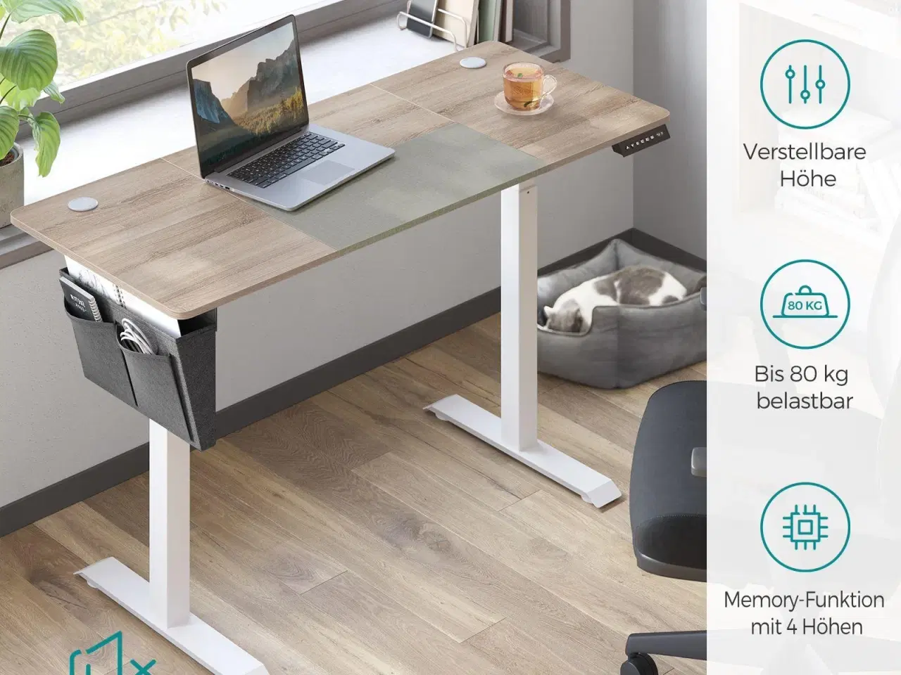 Billede 2 - Elektrisk hæve-sænkebord 60 × 140 cm – højde 72–120 cm, splicet bordplade i hvid/greige, memory 4 niveauer, støjsvag, belastning 80 kg