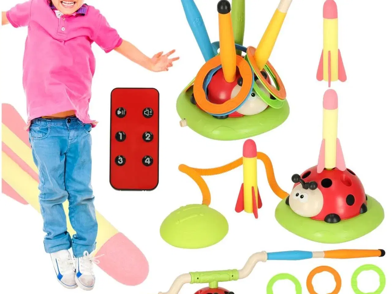 Billede 1 - Udendørs legetøj 3-i-1 – mariehøne springespil, ringspil og raket-affyrer til børn