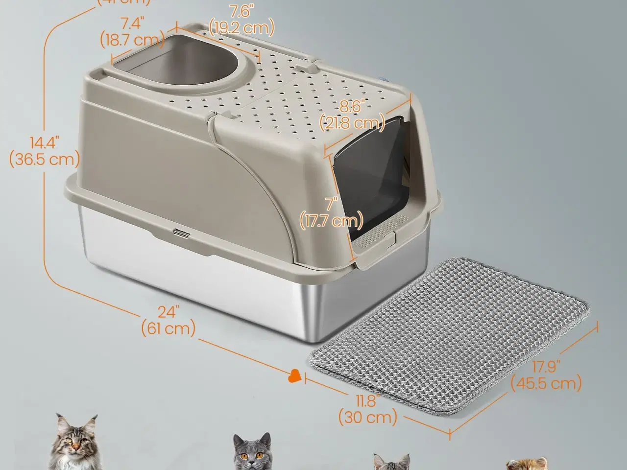 Billede 6 - Feandrea kattebakke i rustfrit stål med flip-låg, XL – lækagesikker, dobbelt indgang, inkl. skovl, børste og måtte – cappuccino beige