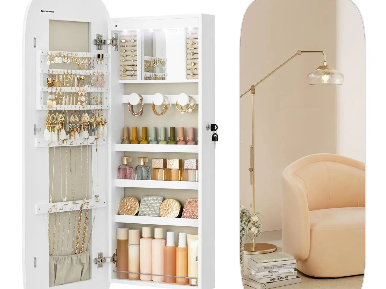 Billede 1 - Smykkespejl med opbevaring væg-/dørmonteret, låsbart, bredt spejl med afrundede hjørner og indvendigt LED-spejl, 10 × 42 × 108 cm, hvid/greige