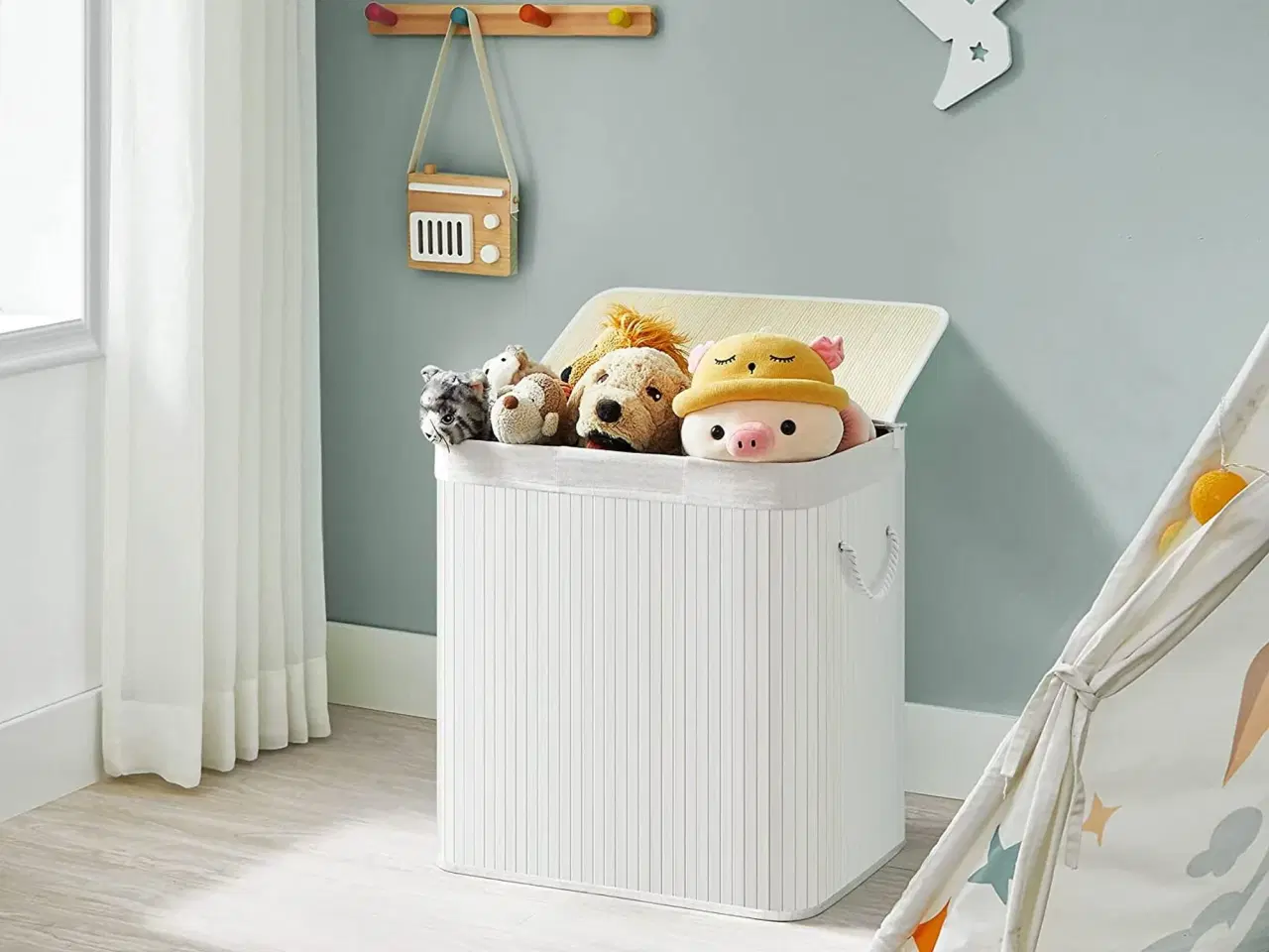 Billede 3 - Vasketøjskurv med låg 3 rum, 150 l, sammenklappelig, hvid