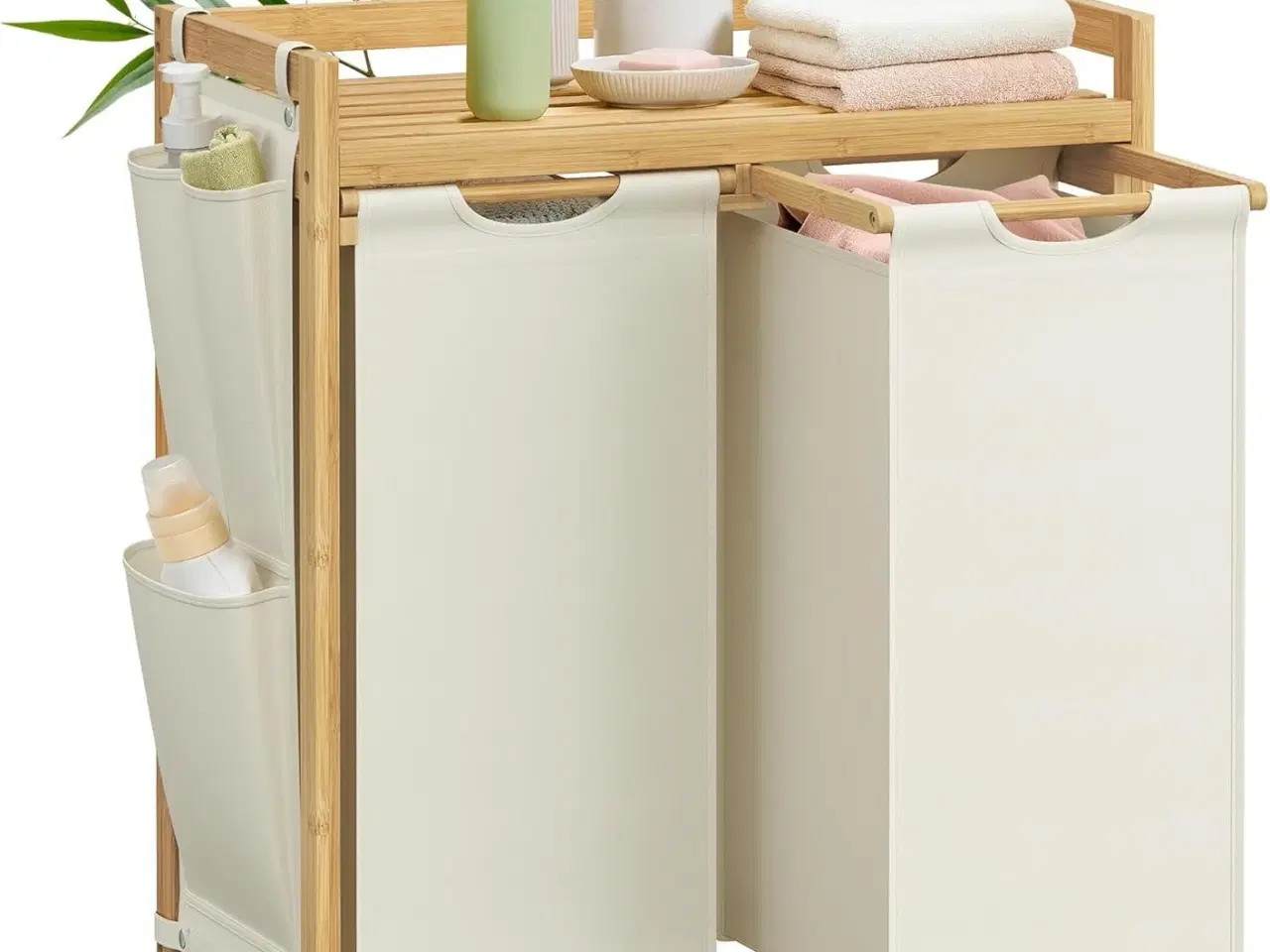 Billede 1 - Vasketøjskurv med 2 rum bambus, 100 l med hylde og sidelommer, cremehvid 63 × 33 × 78 cm
