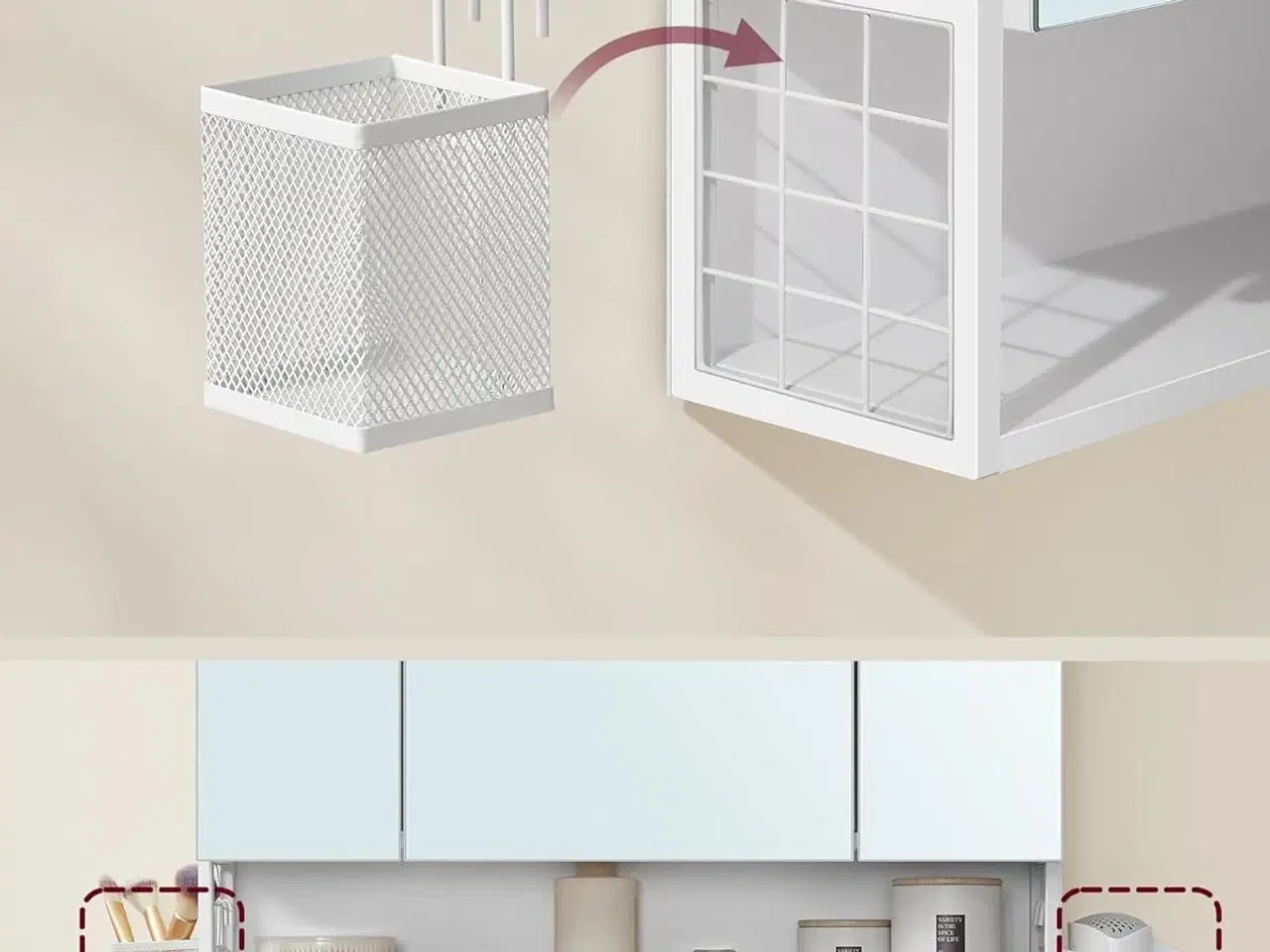 Billede 7 - Spejlskab med 3 låger – vægskab med stikkontakter, USB, hængebakke og føntørrer-holder, 70 × 75 × 16,5 cm – cloud hvid