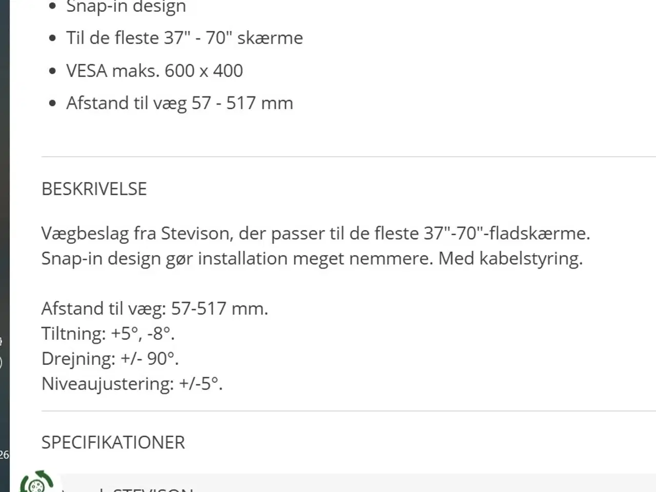 Billede 2 - STEVISON Vægbeslag KMA28-466D - 37"-70"