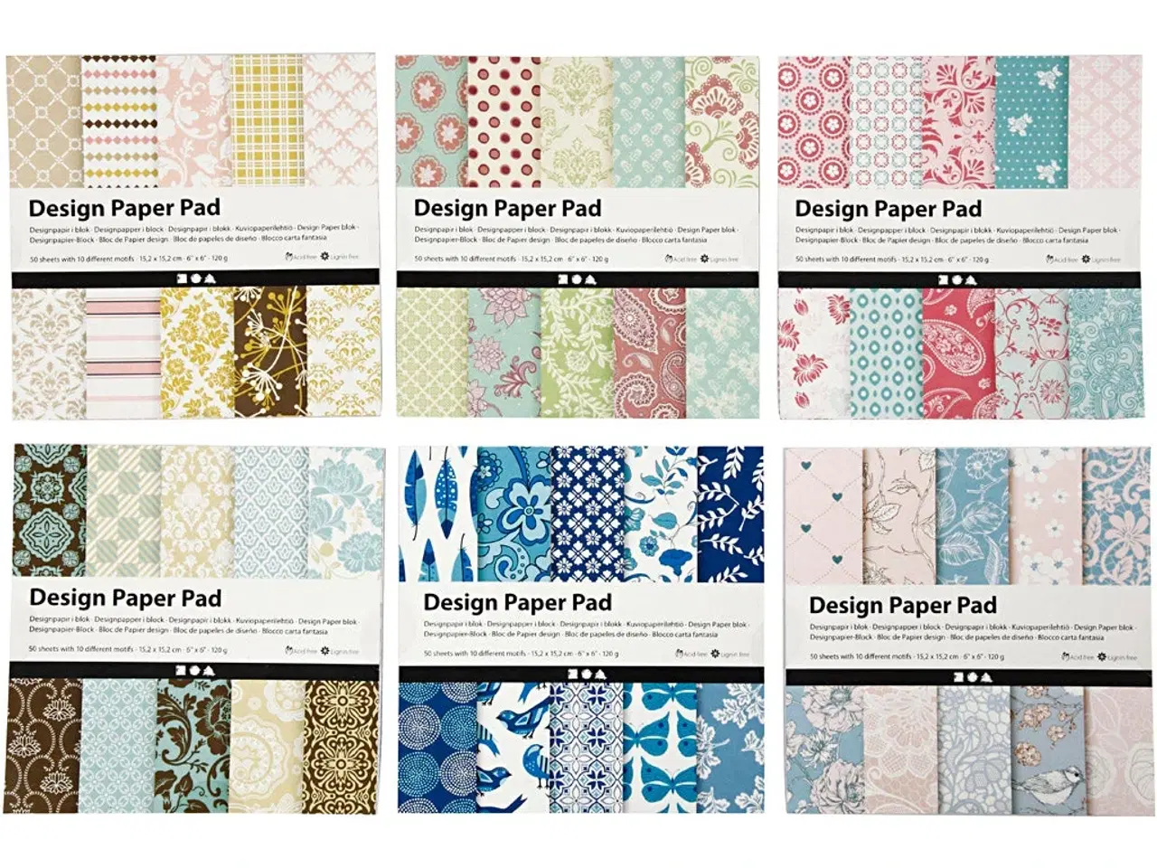 Billede 1 - Designpapir i blok, ark 15,2x15,2 cm, 120 g, ass. farver, 300 ark, 6x50ark/ 1 pk.