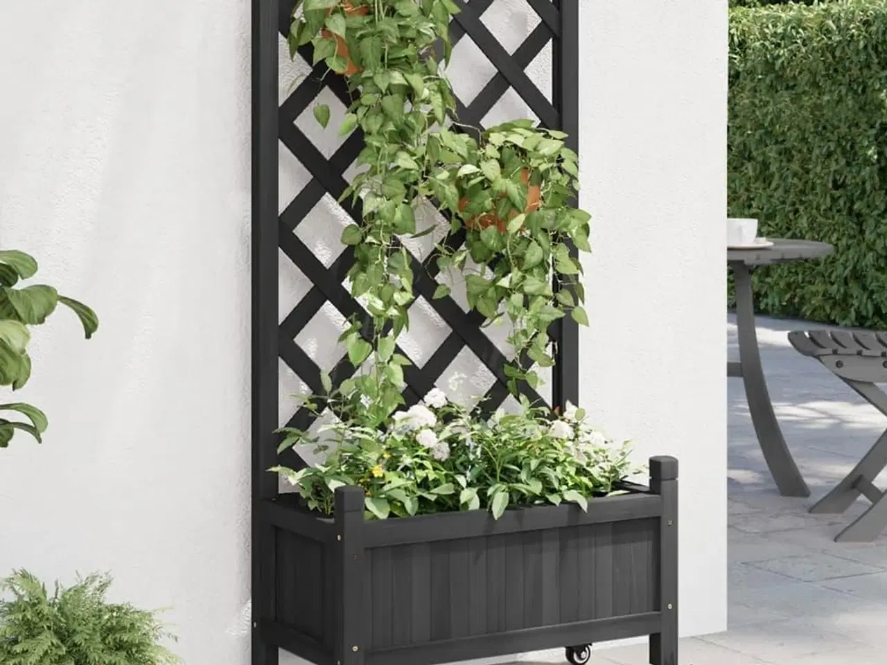Billede 1 - Plantekasse med espalier og hjul massivt fyrretræ sort