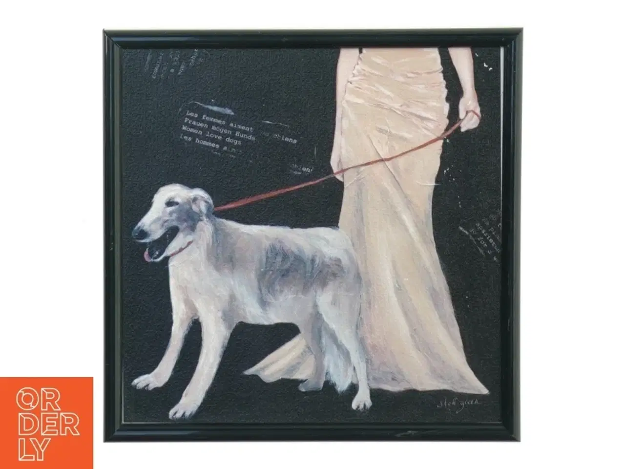 Billede 1 - Billedramme med maleri af Borzoi hund og ejer fra Minerva Er Lyemerc (str. 19 x 19 cm)
