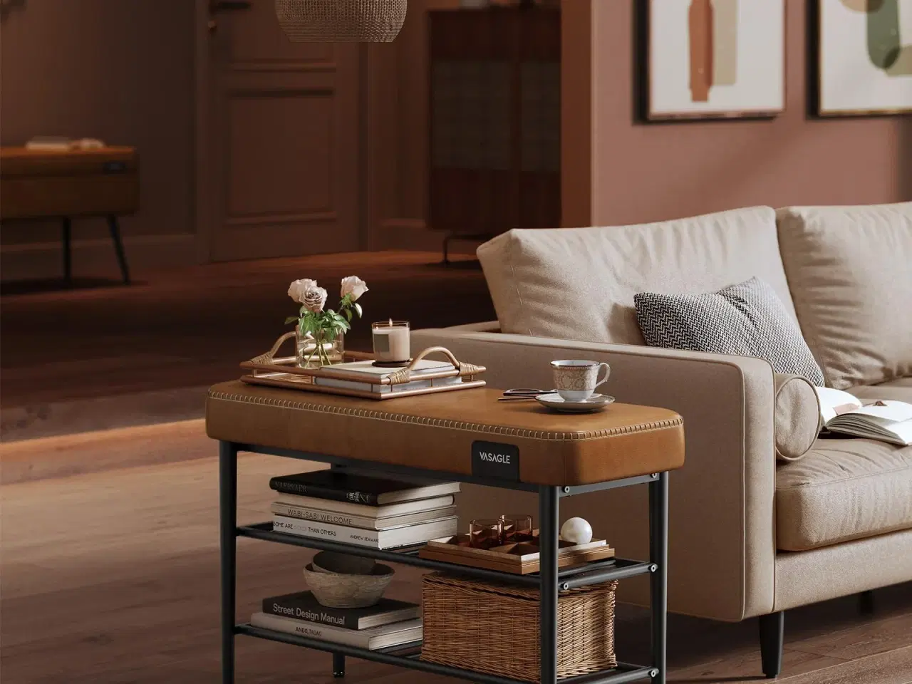 Billede 3 - Skobænk med opbevaring EKHO, kunstlæder, 30 × 80 × 50 cm, karamel