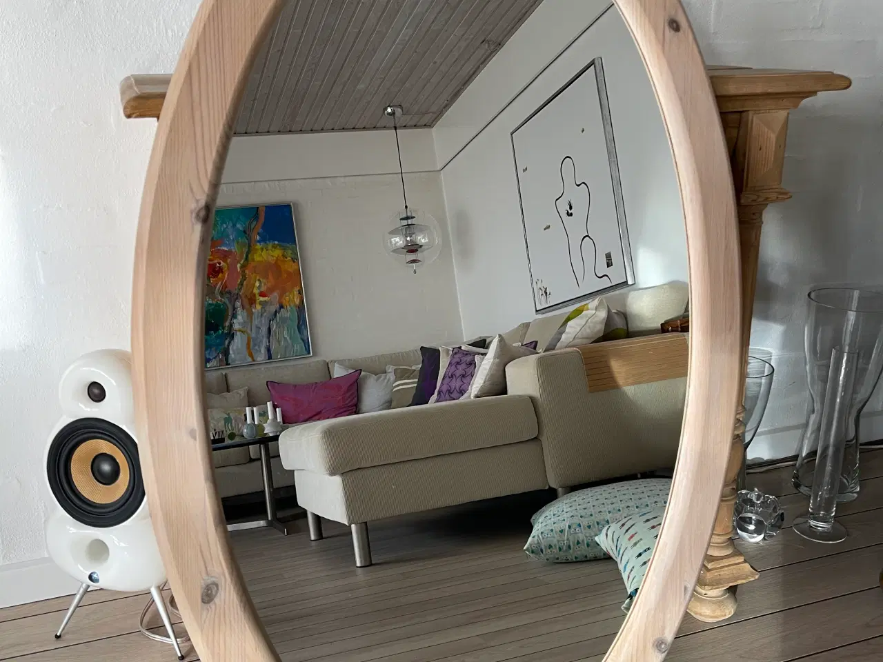 Billede 1 - Ovalt spejl med hvidolieret fyrretræsramme