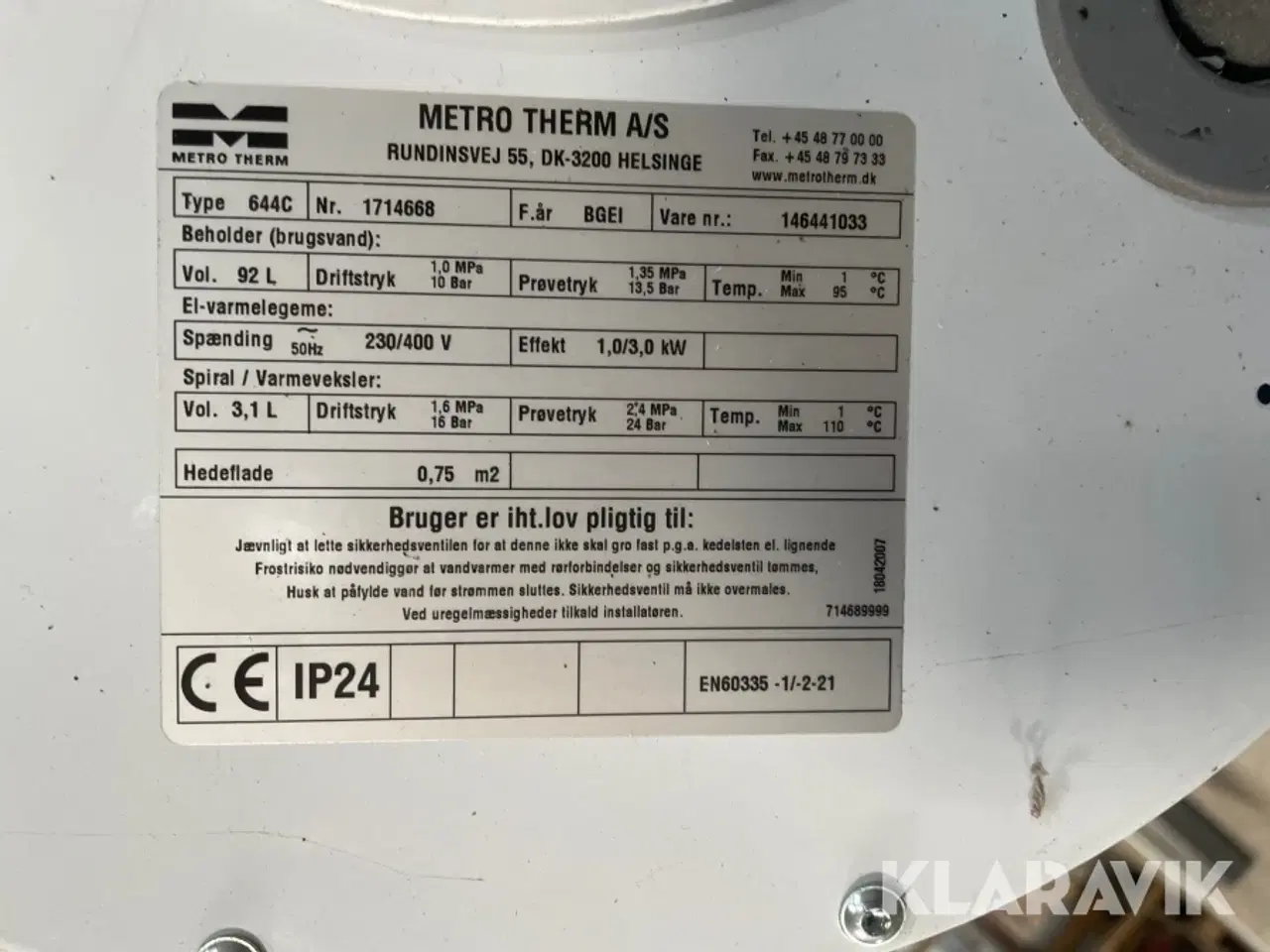 Billede 9 - El varme beholder Metro therm 644C