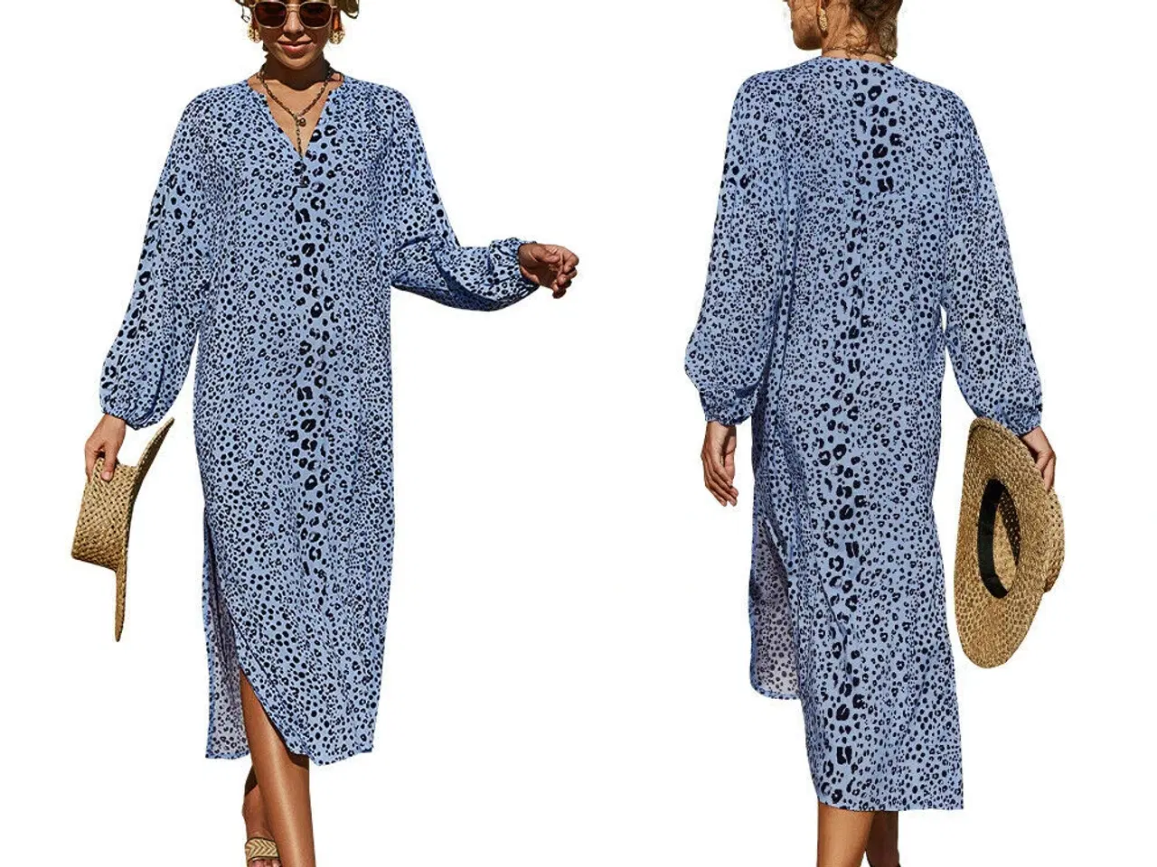 Billede 2 - kjole.ærmer/let og luftig Print: Blå leopard.M/L