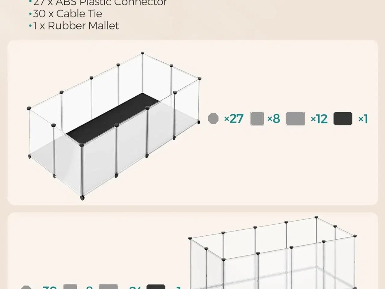 Billede 5 - Løbegård til kæledyr med bund og aftagelig Oxford-måtte, indendørs indhegning til smådyr, DIY plastbur, 143 × 73 × 46 cm, hvid
