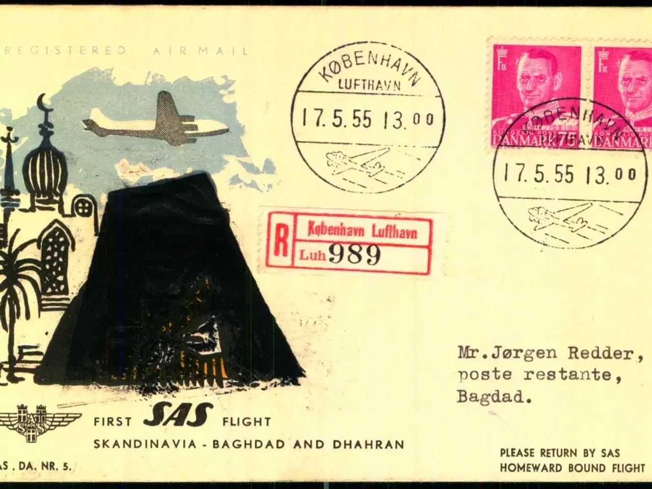 Billede 1 - Førsteflyvning - Skandinavien - Bagdad - 17 - 5 -55 - Bagdad-Kuvert
