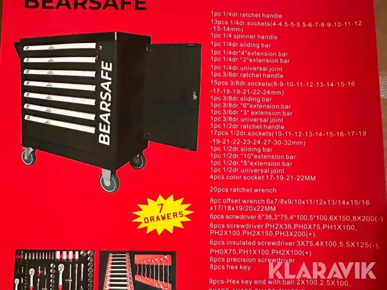 Billede 10 - Værktøjsvogn Bearsafe med 7 skuffer og indhold