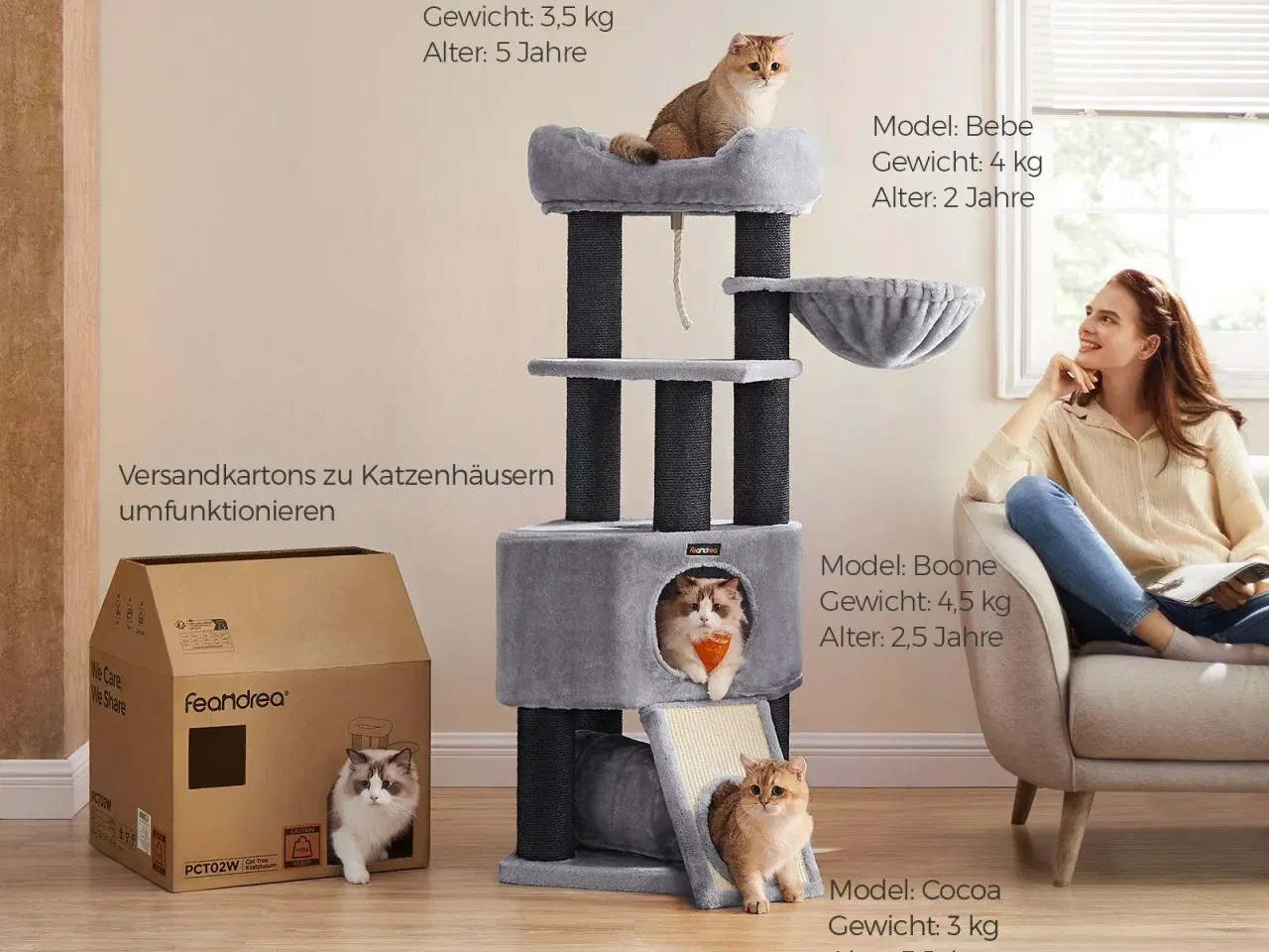 Billede 2 - Kattetræ – FEANDREA stort kradsetræ med blød plys-kurv, hule og hængekøje, ekstra tykke sisalstolper, stabilt – lysegrå PCT02W