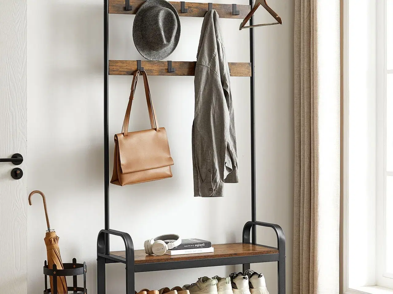 Billede 2 - Tøjstativ med skohylde – 4‑i‑1 entrémøbel, rustik brun/sort, 84 × 33,7 × 183 cm