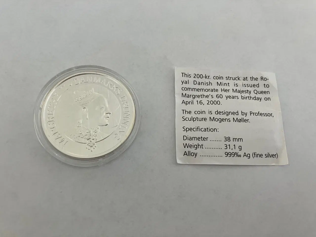 Billede 2 - 200 Kroner Sølv 1 Oz - Dronning Magrethes 60 års fødselsdag år 2000